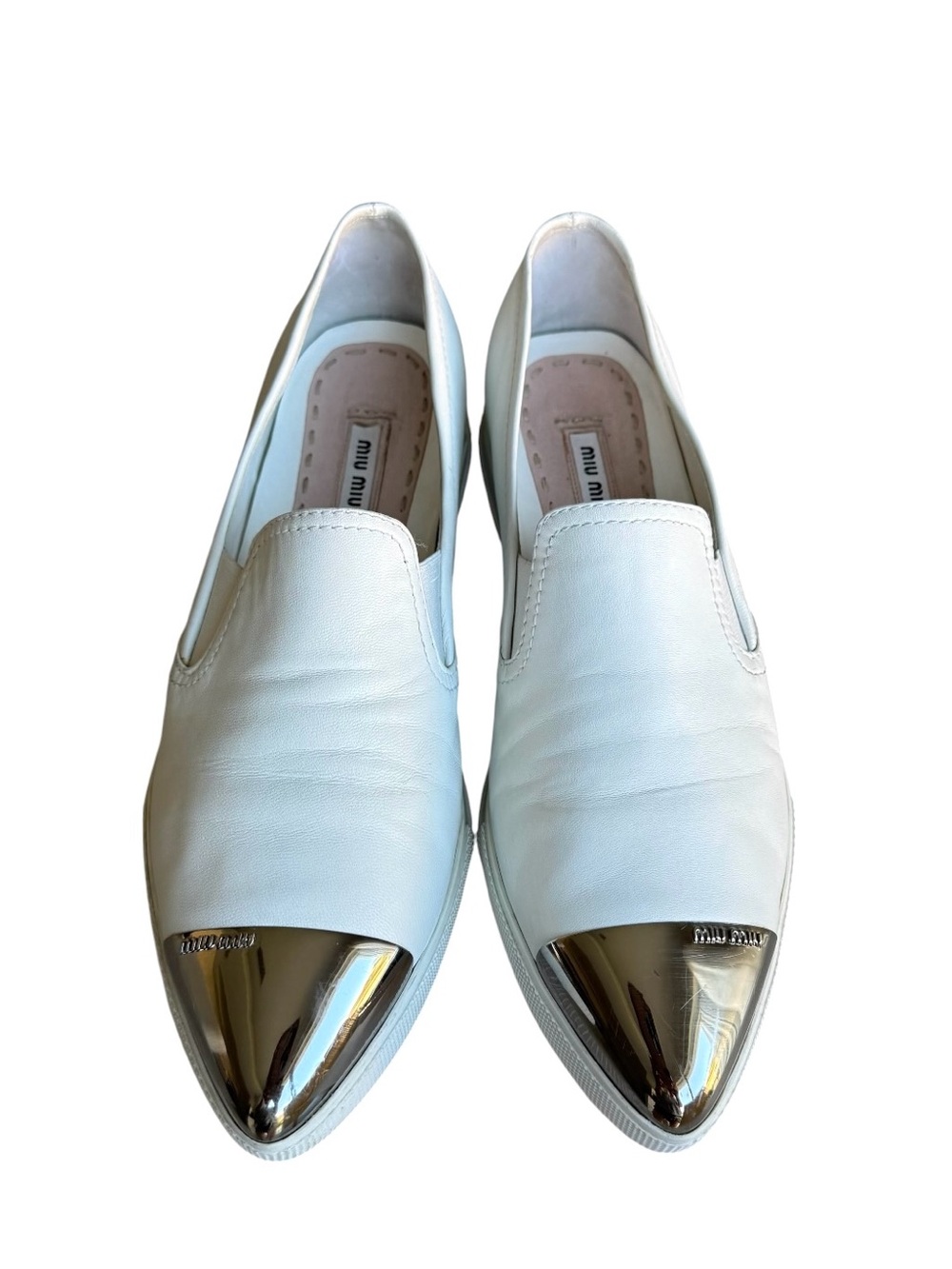 Miu Miu White Leather Cap Toe Flats Loafers Slip On